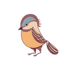 An illustration of a small bright colorful bird on a white background. Label, Brochure, Booklet, Cover, Poster, Banner, Packaging, Presentation, Printing, Advertising, children's book about animals