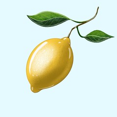 An illustration of a bright yellow lemon with a twig of two leaves on a light blue background. For menu, pattern, booklet, postcard, presentation, Manual, Checklist, flyer, sticker