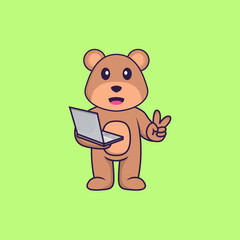 Cute bear holding laptop. Animal cartoon concept isolated. Can used for t-shirt, greeting card, invitation card or mascot. Flat Cartoon Style