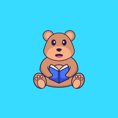 Cute bear reading a book. Animal cartoon concept isolated. Can used for t-shirt, greeting card, invitation card or mascot. Flat Cartoon Style