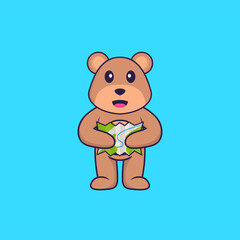 Cute bear holding a map. Animal cartoon concept isolated. Can used for t-shirt, greeting card, invitation card or mascot. Flat Cartoon Style