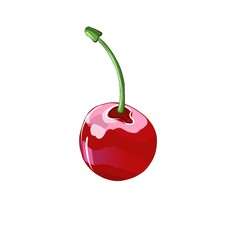 An illustration of a ripe bright red cherry berry with a green twig without leaves on a white background. For a menu, booklet, postcard, presentation, guide, checklist, flyer, sticker