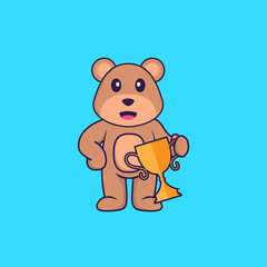 Cute bear holding gold trophy. Animal cartoon concept isolated. Can used for t-shirt, greeting card, invitation card or mascot. Flat Cartoon Style