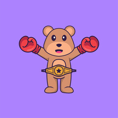 Cute bear in boxer costume with champion belt. Animal cartoon concept isolated. Can used for t-shirt, greeting card, invitation card or mascot. Flat Cartoon Style