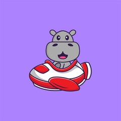 Cute hippopotamus flying on a plane. Animal cartoon concept isolated. Can used for t-shirt, greeting card, invitation card or mascot. Flat Cartoon Style