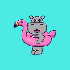 Cute hippopotamus With flamingo buoy. Animal cartoon concept isolated. Can used for t-shirt, greeting card, invitation card or mascot. Flat Cartoon Style