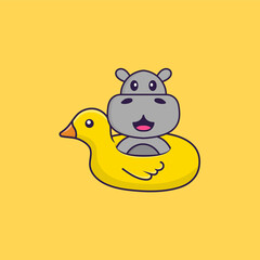 Cute hippopotamus With Duck buoy. Animal cartoon concept isolated. Can used for t-shirt, greeting card, invitation card or mascot. Flat Cartoon Style