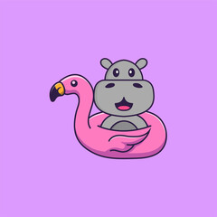 Cute hippopotamus With flamingo buoy. Animal cartoon concept isolated. Can used for t-shirt, greeting card, invitation card or mascot. Flat Cartoon Style