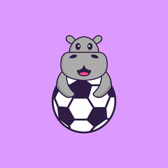 Cute hippopotamus playing soccer. Animal cartoon concept isolated. Can used for t-shirt, greeting card, invitation card or mascot. Flat Cartoon Style