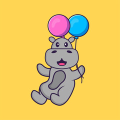 Cute hippopotamus flying with two balloons. Animal cartoon concept isolated. Can used for t-shirt, greeting card, invitation card or mascot. Flat Cartoon Style