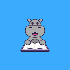 Cute hippopotamus reading a book. Animal cartoon concept isolated. Can used for t-shirt, greeting card, invitation card or mascot. Flat Cartoon Style