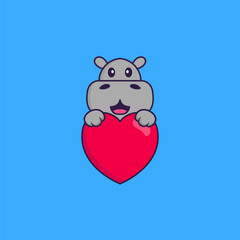 Cute hippopotamus holding a big red heart. Animal cartoon concept isolated. Can used for t-shirt, greeting card, invitation card or mascot. Flat Cartoon Style