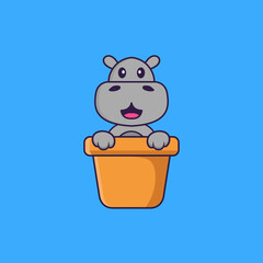 Cute hippopotamus in a flower vase. Animal cartoon concept isolated. Can used for t-shirt, greeting card, invitation card or mascot. Flat Cartoon Style