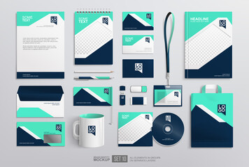 Stationery office items Mockup set with corporate brand identity design. Blue and white abstract graphics. Business stationery mockup. Office equipment set of paper bag, white mug, notepad, envelope