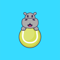 Cute hippopotamus playing tennis. Animal cartoon concept isolated. Can used for t-shirt, greeting card, invitation card or mascot. Flat Cartoon Style