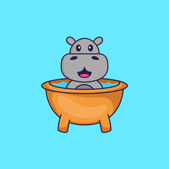 Cute hippopotamus taking a bath in the bathtub. Animal cartoon concept isolated. Can used for t-shirt, greeting card, invitation card or mascot. Flat Cartoon Style