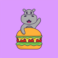 Cute hippopotamus eating burger. Animal cartoon concept isolated. Can used for t-shirt, greeting card, invitation card or mascot. Flat Cartoon Style