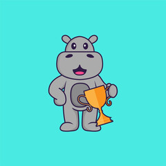 Cute hippopotamus holding gold trophy. Animal cartoon concept isolated. Can used for t-shirt, greeting card, invitation card or mascot. Flat Cartoon Style