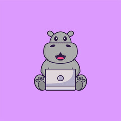 Cute hippopotamus using laptop. Animal cartoon concept isolated. Can used for t-shirt, greeting card, invitation card or mascot. Flat Cartoon Style