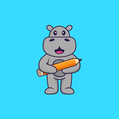 Cute hippopotamus holding a pencil. Animal cartoon concept isolated. Can used for t-shirt, greeting card, invitation card or mascot. Flat Cartoon Style