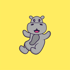 Cute hippopotamus is flying. Animal cartoon concept isolated. Can used for t-shirt, greeting card, invitation card or mascot. Flat Cartoon Style