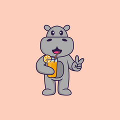 Fototapeta premium Cute hippopotamus holding orange juice in glass. Animal cartoon concept isolated. Can used for t-shirt, greeting card, invitation card or mascot. Flat Cartoon Style