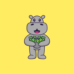Cute hippopotamus holding money. Animal cartoon concept isolated. Can used for t-shirt, greeting card, invitation card or mascot. Flat Cartoon Style