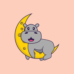 Cute hippopotamus is on the moon. Animal cartoon concept isolated. Can used for t-shirt, greeting card, invitation card or mascot. Flat Cartoon Style