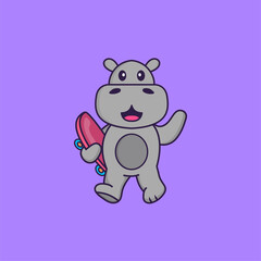 Cute hippopotamus holding a skateboard. Animal cartoon concept isolated. Can used for t-shirt, greeting card, invitation card or mascot. Flat Cartoon Style