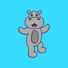 Cute hippopotamus is dancing. Animal cartoon concept isolated. Can used for t-shirt, greeting card, invitation card or mascot. Flat Cartoon Style