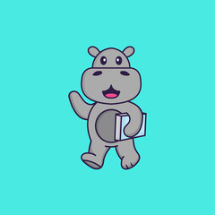Cute hippopotamus holding a book. Animal cartoon concept isolated. Can used for t-shirt, greeting card, invitation card or mascot. Flat Cartoon Style