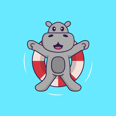 Cute hippopotamus is Swimming with a buoy. Animal cartoon concept isolated. Can used for t-shirt, greeting card, invitation card or mascot. Flat Cartoon Style