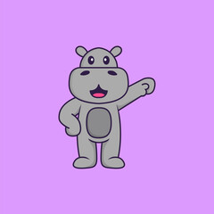 Cute hippopotamus hero. Animal cartoon concept isolated. Can used for t-shirt, greeting card, invitation card or mascot. Flat Cartoon Style