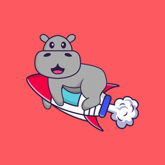 Cute hippopotamus flying on rocket. Animal cartoon concept isolated. Can used for t-shirt, greeting card, invitation card or mascot. Flat Cartoon Style