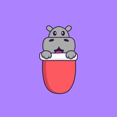 Cute hippopotamus in red pocket. Animal cartoon concept isolated. Can used for t-shirt, greeting card, invitation card or mascot. Flat Cartoon Style