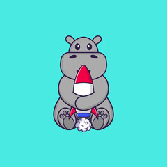 Cute hippopotamus holding a rocket. Animal cartoon concept isolated. Can used for t-shirt, greeting card, invitation card or mascot. Flat Cartoon Style