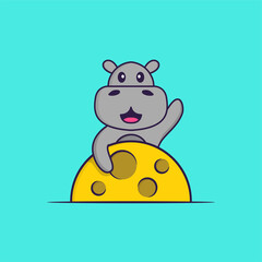 Obraz na płótnie Canvas Cute hippopotamus is on the moon. Animal cartoon concept isolated. Can used for t-shirt, greeting card, invitation card or mascot. Flat Cartoon Style