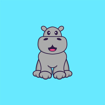 Cute hippopotamus is sitting. Animal cartoon concept isolated. Can used for t-shirt, greeting card, invitation card or mascot. Flat Cartoon Style