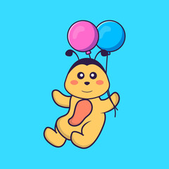 Cute bee flying with two balloons. Animal cartoon concept isolated. Can used for t-shirt, greeting card, invitation card or mascot. Flat Cartoon Style