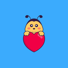 Cute bee holding a big red heart. Animal cartoon concept isolated. Can used for t-shirt, greeting card, invitation card or mascot. Flat Cartoon Style