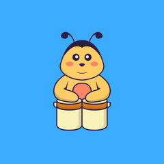 Cute bee is playing drums. Animal cartoon concept isolated. Can used for t-shirt, greeting card, invitation card or mascot. Flat Cartoon Style