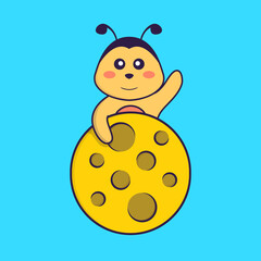 Cute bee is on the moon. Animal cartoon concept isolated. Can used for t-shirt, greeting card, invitation card or mascot. Flat Cartoon Style