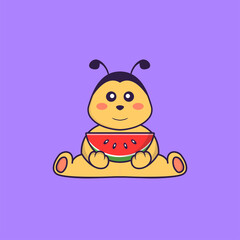 Cute bee eating watermelon. Animal cartoon concept isolated. Can used for t-shirt, greeting card, invitation card or mascot. Flat Cartoon Style