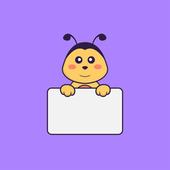 Cute bee holding whiteboard. Animal cartoon concept isolated. Can used for t-shirt, greeting card, invitation card or mascot. Flat Cartoon Style