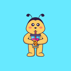 Cute bee Drinking Boba milk tea. Animal cartoon concept isolated. Can used for t-shirt, greeting card, invitation card or mascot. Flat Cartoon Style