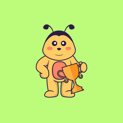 Cute bee holding gold trophy. Animal cartoon concept isolated. Can used for t-shirt, greeting card, invitation card or mascot. Flat Cartoon Style