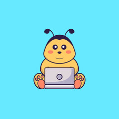 Cute bee using laptop. Animal cartoon concept isolated. Can used for t-shirt, greeting card, invitation card or mascot. Flat Cartoon Style