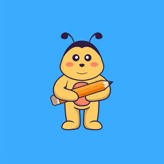 Cute bee holding a pencil. Animal cartoon concept isolated. Can used for t-shirt, greeting card, invitation card or mascot. Flat Cartoon Style