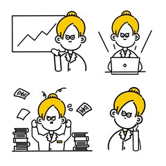会社で奮闘する若手ビジネスマン女性アイコンセット　 young female worker icon set
