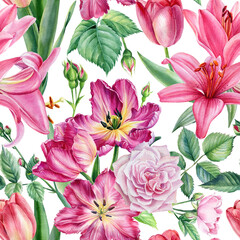 Floral background, flowers anemones, tulips, daffodils, roses watercolor illustration, seamless pattern